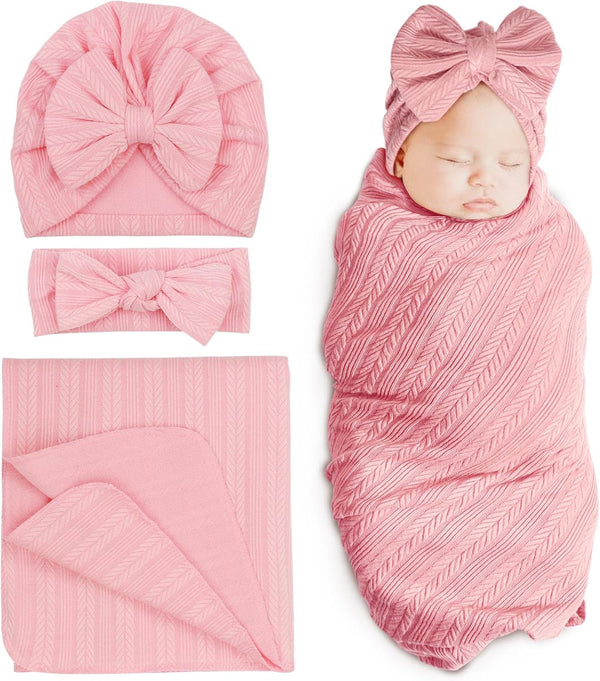 DRESHOW BQUBO Newborn Receiving Blanket Toddler Warm for Girls with Matching Bow Hat and Headband Gift
