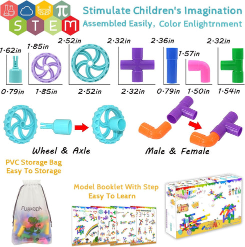 FUBAODA STEM Learning Pipe Tube Toys, 96 Pcs Multicolor Building Blocks Set with Wheels, Spouts & Joints for Kids Ages