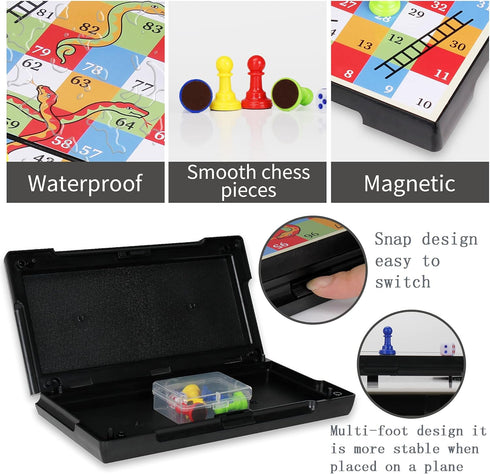 Set (9.75 Inches) KIDAMI Magnetic Snakes and Ladders Game with Storage Box, Folding Design and Light-Weight, Gift