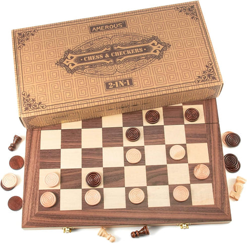 15'' Set, 2 1 -2 -24 Packed Set AMEROUS Wooden Chess & Checkers in Board Games Extra Queens Cherkers Pieces - Gift Box