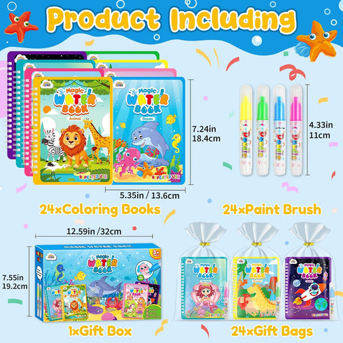 ZMLM 24 Pack 3-8 Water Coloring Books for Toddlers, Reusable Paint with Water Books with Pen, Mess Free Magic Doodle