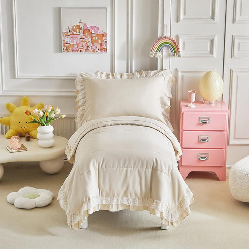 Ruffled Lace Toddler Bedding Set with Ruffle Fringe, Solid Color 4 Pieces