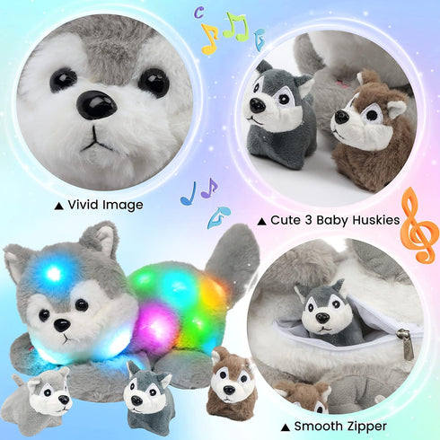 Hopearl LED Musical Stuffed Husky - Singing Plush Toy Playset with 3 Baby Puppies, 17''