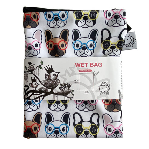 FLOCK THREE Washable Wet Bag Diaper Bag, Water Resistant Swimming Bag with Pugs Dog Print, 12.6'' x 16.5''
