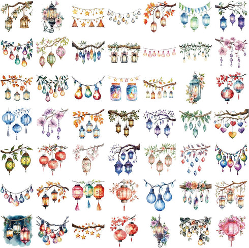 LOOGFDC 50PCS Watercolor String Light Stickers - Transparent PET Waterproof Lantern Decals for DIY Crafts, Journals