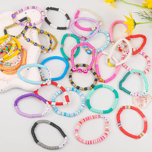 LUYI 32 Pcs Preppy Jewelry Bracelets for Women, Colorful Clay Bead Stackable Friendship Bracelets