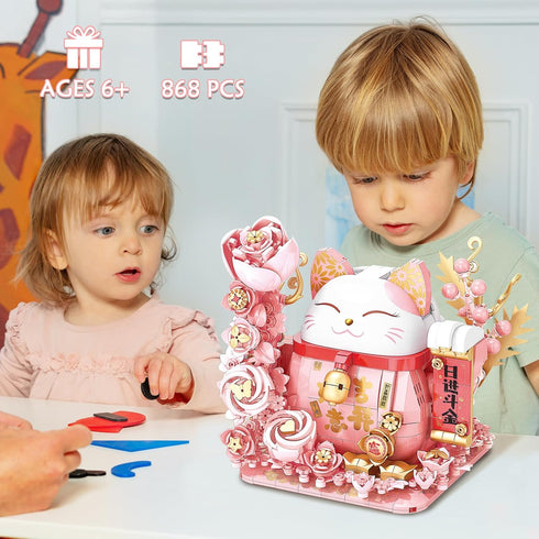 Set, 868Pcs Lucky Cat Building Block Compatible with Lego Cat, Cute Fortune Cat with Flowers Building Blocks, Christmas
