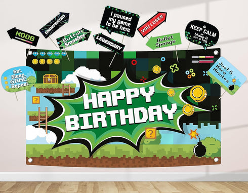 Video Game Party Decoration Kit - Photography Backdrop & 10 Studio Selfie Photo Booth Props with Sticks, Gamer Theme