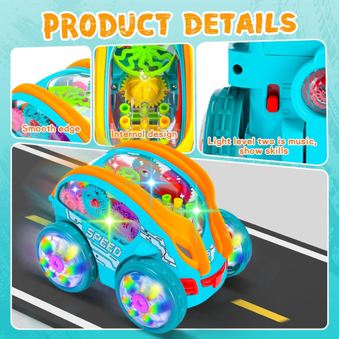 360 1 2 3 4 Light Up Transparent Sensory Car Toy - Standing Rotation Roll Stunt Car, Bump and Go Toy Cars with Colorful