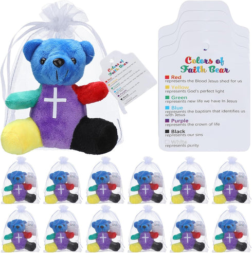 18 Pcs Rainbow Faith Stuffed Bears, 4" Religious Plush Bears, Christian Mini Bear Bible Verse Party Favor
