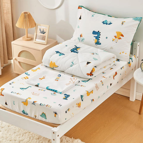 4 Set 2 Set, 1 1 1 1 beeweed Pieces Dinosaur Toddler Bedding Boys Girls, Sides Design Bed in a Bag Comforter Includes