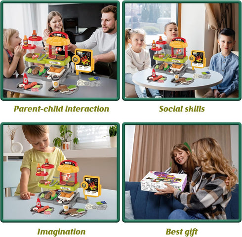 Set: 3+ Kids BBQ Grill Play Coffee, Card Reader, Cash Register, Play Food (Grilled Fish, Wings, Kebabs, Sausages), Play