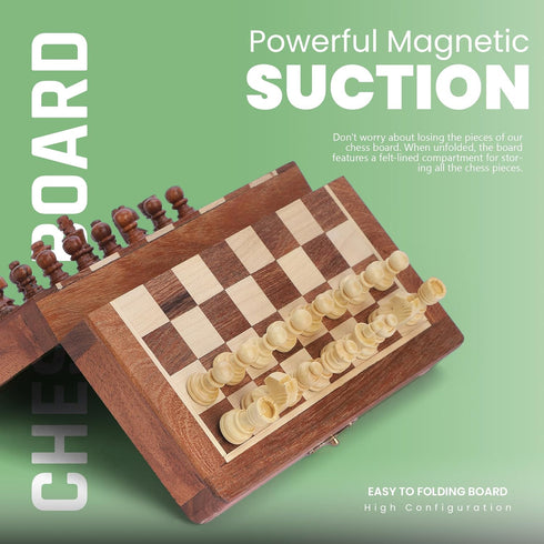 Ajuny Magnetic Travel Chess Set - Handcrafted Acacia Wood, Foldable Board with Elegant Storage