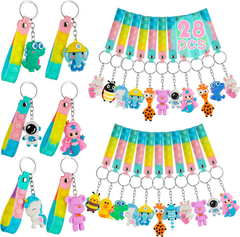 28 Pack Pop Fidget Toys Bulk Keychain for Kids, Mini Pop Its with 3D Animal Cute Keychains