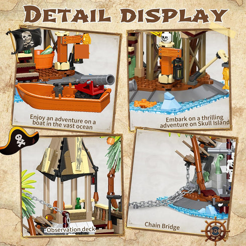 NERCISU Sets 8-12 (533 Pirate Skull Island Building Toys with Pirate Ship, Skeleton, Prison, Cannon, Sailing Adventure