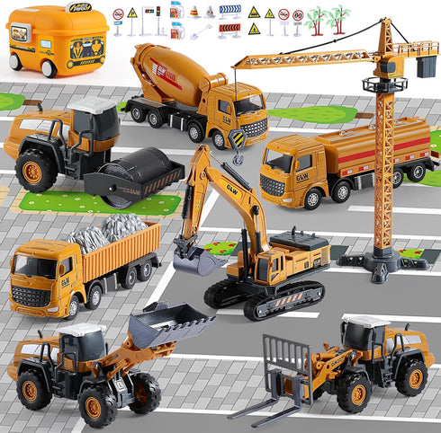 Construction Trucks Toy Set with Yellow Bus Storage and Play Mat Alloy