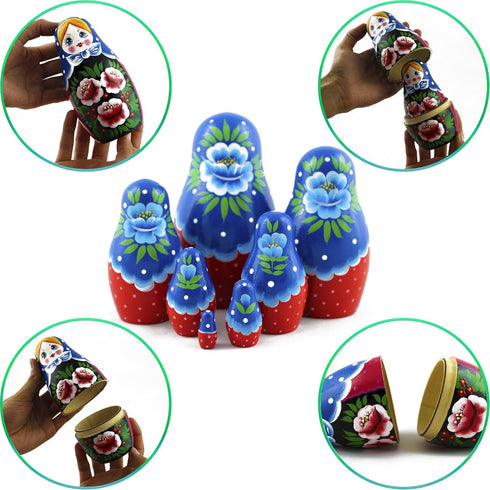 7 Nesting Babushka Dolls - Handmade Rose Hand-painted - Matruska Stacking Dolls - Munecas rusas - Home Decor