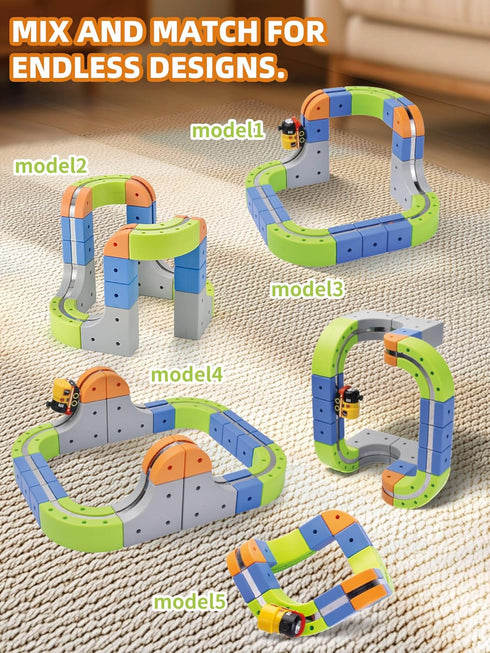 Aotonow 58PCS Sets 3-8, Electric Magnetic Train Track DIY Race Car Track Building Kits with Train and Traffic Signs