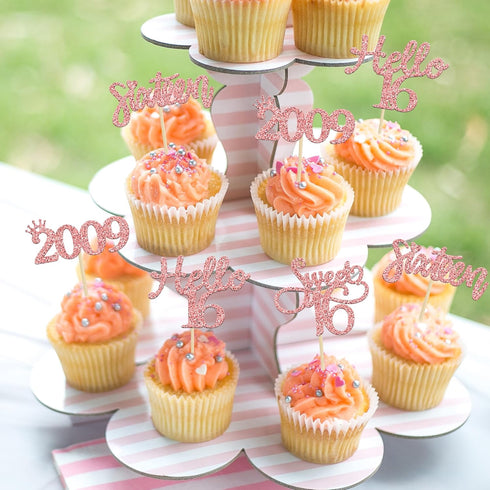 Gyufise 24 Pack Rose Gold Glitter 16th Birthday Cupcake Toppers, Hello Sweet 16 Sixteen Since 2009 Cake Decorations