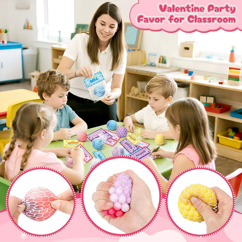 BAYSING 24 Pack Valentines Day Cards for Kids School, Squeeze Stress Balls Sensory Relief Balls Toys, Valentine Day
