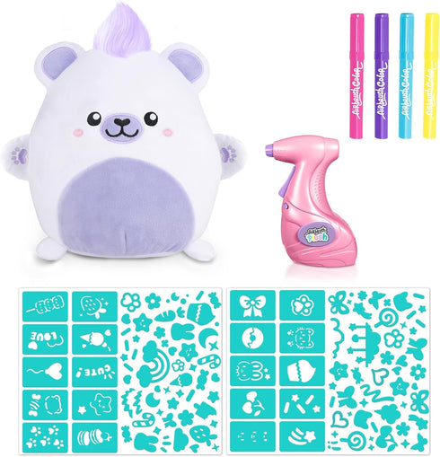 Set Canal Toys Airbrush Plush Kawaii Squish Bear: Includes Plush Bear, Airbrush and Stick on Stencils; Color and wash