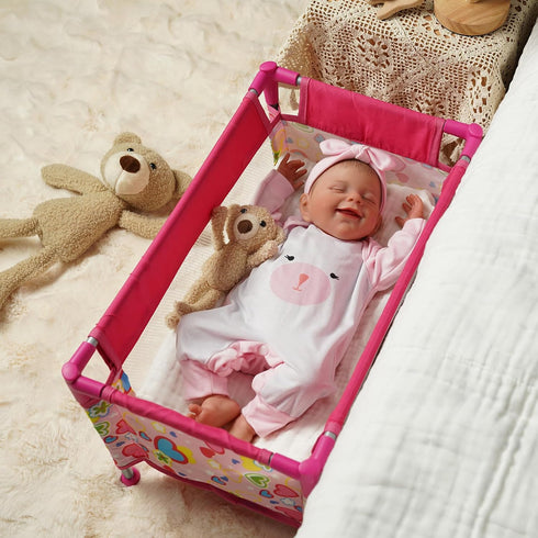BABESIDE Baby Doll Crib, Foldable Baby Doll Bed for 17-21 Dolls, Doll Pack n Play Kids Gift with Storage Bag (Pink)