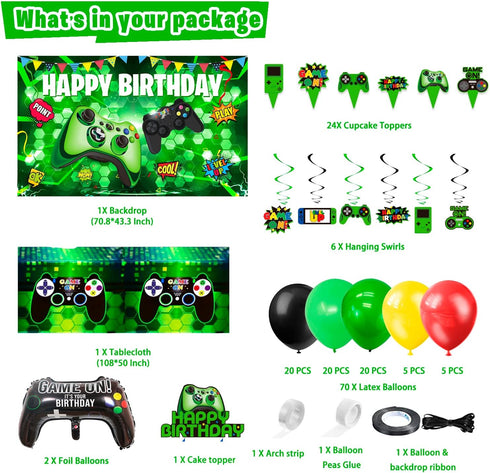 108Pcs Video Game Birthday Party Decorations - Green Gamer Supplies, Backdrop, Table Cover, Cupcake Topper, Balloon