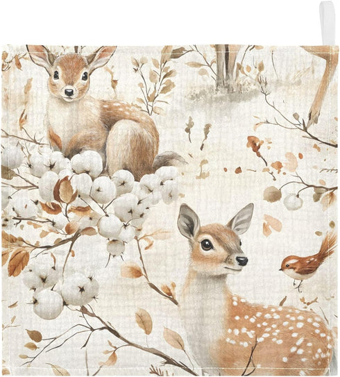 YETTASBIN 4 5 Pack Watercolor Deer Muslin Baby Hand Washcloths, Soft Cotton Bath Face Towel, Layers Extra Absorbent