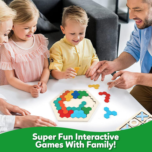 3+ (4 Pack) Wooden Puzzles,Geometric Shape Logic Hexagon Puzzle Toys Brain Teasers STEM Montessori Educatioanl IQ Board