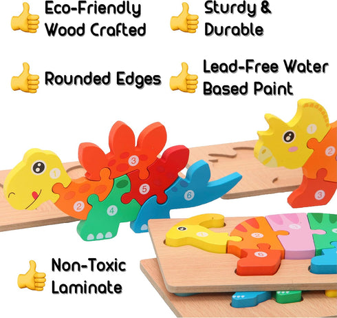 MONTESSORI MAMA Toddler Puzzles - 5-Pack Dinosaur Puzzle for Kids Ages 3-5, Wooden Montessori Toys for 3 Year Olds
