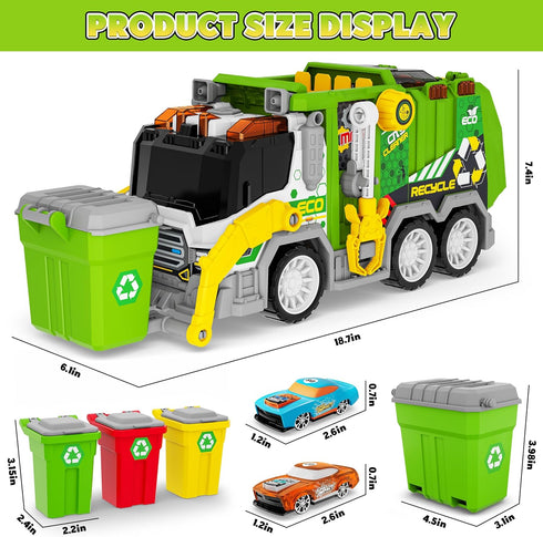 Set 2pcs 3 4 5 6 7 8 Large Friction Powered Garbage Truck Toy with Effect Sound, Ejecting Race Cars, Includes Dumpster