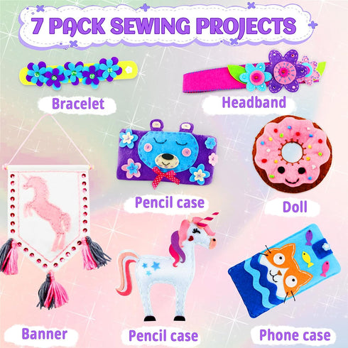 HKKYO Sewing Kit for Kids, Craft Kits for Ages 4-12, My First Sewing Kits with 7 Sew Projects for Girls and Boys