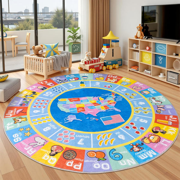 Kids Rugs for Playroom - Soft & Non-Slip 6x6 Feet Round Educational