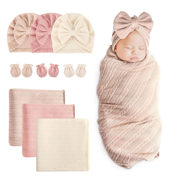 BQUBO Newborn Receiving Blanket Hat Mittens Set for Baby, Unisex Baby Boys