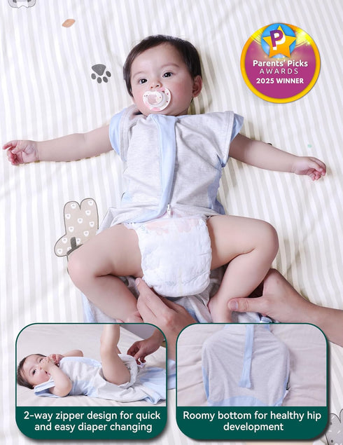 2-Way BABELIO Detachable Zip Sleeves Swaddle Temp-Sensing Baby Transitional Swaddle Arms Up Zipper Sleep Sack Soft Blue
