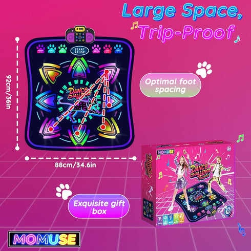 2 6 3-12 MOMUSE Kids Dance Mat with Display & Lockable Levels, Challenge Modes Electronic Dance Pad Volume Levels