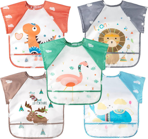 R HORSE 5Pcs Short Sleeved Bib for Toddlers - Waterproof Feeding Bib with Pocket for Infants 0-36 Months
