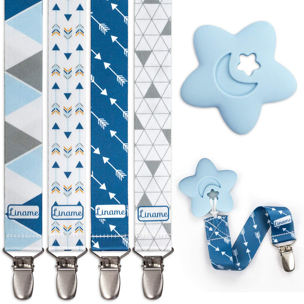Liname 4 Pack Neutral Pacifier Clip with Teething Toy - Unisex Baby Binky Holder and Soothie Paci Clip (Blue)