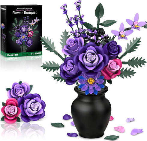 Ciesa Purple Roses Flower Bouquet Building Sets, 834PCS Artificial Flowers Botanical Collection Compatible