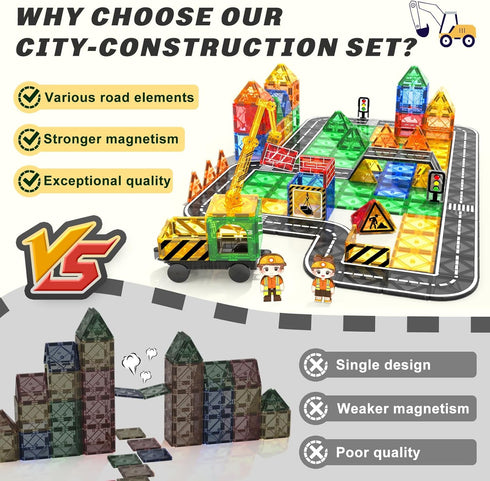 Set 4-6 5-7, 3+ Coodoo Kids Games Magnetic Tiles Road with Extendable Magnetic Crane, City Construction Building Toys