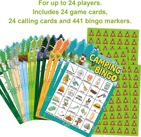 24 Summer Fancy Land Camping Bingo Game for Kids Players Die Cut Outdoor Adventure Game Graduation Party Supply