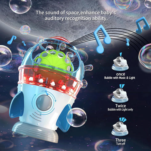Automatic Bubble Machine, 360° Rotatable Rocket Bubble Blower with Lights & Music for Kids, Indoor Outdoor Use