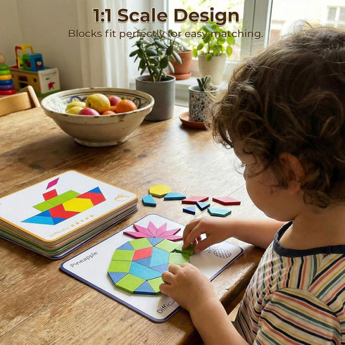 3 150 otters Wooden Pattern Blocks Shapes for Kids, Geometric Tangram Puzzle with Activity Cards, PCS Educational Toy