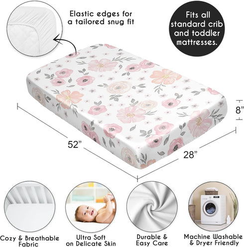 Sweet Jojo Designs Satin Fitted Baby Crib Sheets (Pink/Grey Boho Floral) for Girls, Infant, Nursery, Toddler Room