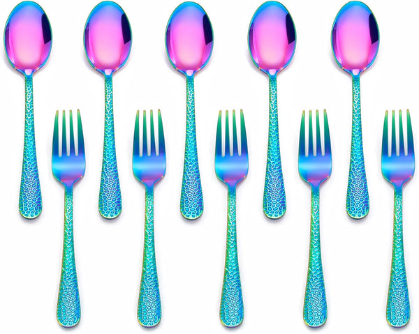 LIANYU 10-Piece Kids Silverware Set - Rainbow Toddler Utensils Flatware, Stainless Steel Child Cutlery, Dishwasher Safe
