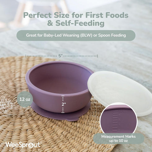 (Set 2) 100% WeeSprout Suction Bowls for Baby & Toddlers of - Silicone w/Plastic Lid - Leak Proof Feeding Supplies