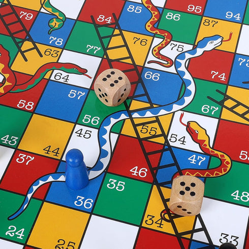 Wooden Snakes and Ladders Game - Educational Board Game for Kids and Adults, Includes Counters & Dice