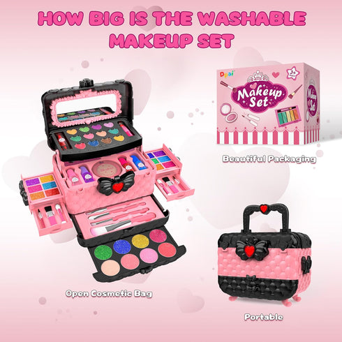 54 Pcs Kids Makeup Kit for Girls - Real Washable Pretend Play Cosmetic Set with Mirror, Safe Birthday Gift (Pink)