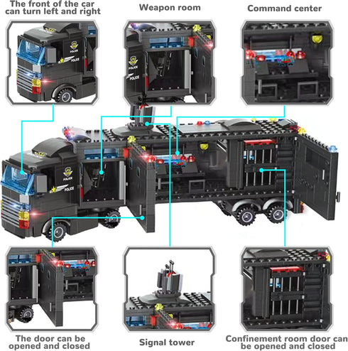 1102 Pieces City Police Station Building Kit with SWAT Mobile Command Center Truck, Police Car, Helicopter, Patrol Boat