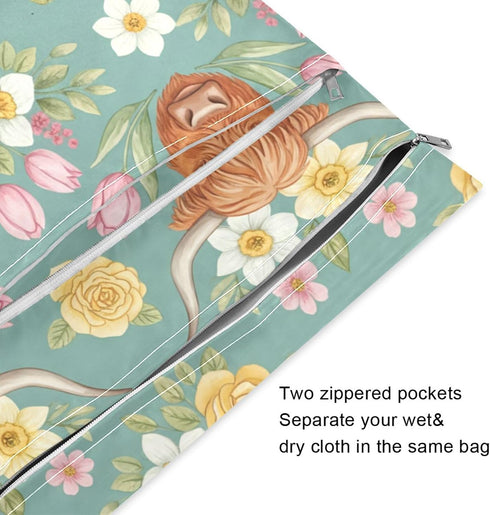 Burbuja 2 Pack, 2 Cow Flower Wet Dry Bags for Baby Cloth Diaper Waterproof Reusable Wet Bag with Zippered Pockets